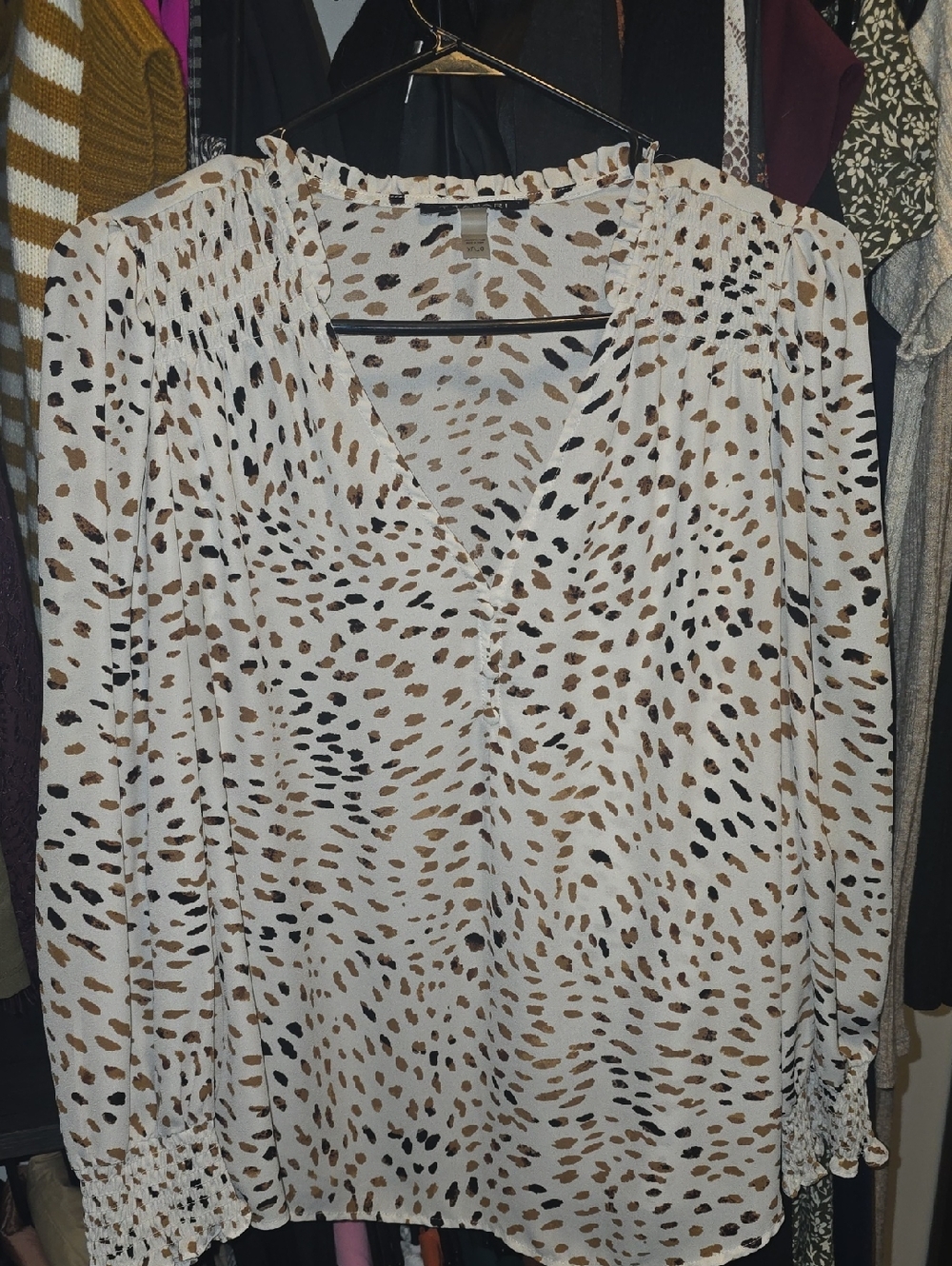 T Tahari Cream Leopard-Print V-Neck Blouse with Black Accents
